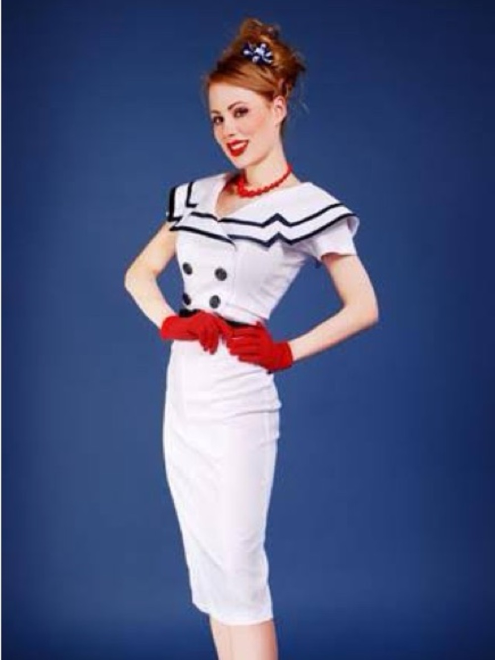 Bettie Page White Sailor-Style Midi Dress with Navy Trim